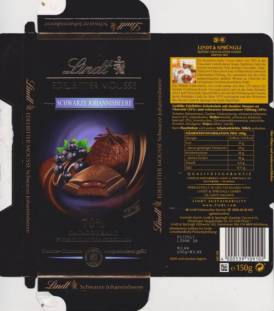 Lindt srednie edelbitter mousse schwarze johannisbeere