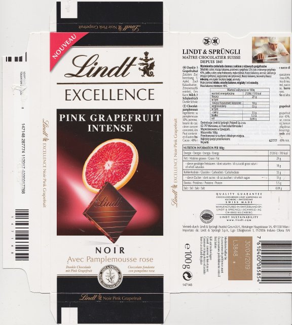 Lindt srednie excellence 1 Pink grapefruit intense noir nouveau