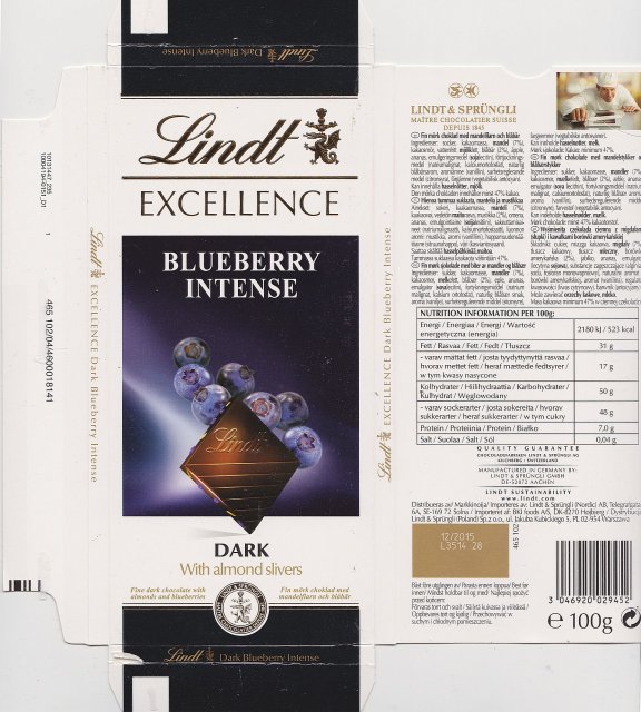 Lindt srednie excellence 1 bluberry intense dark with almond slivers