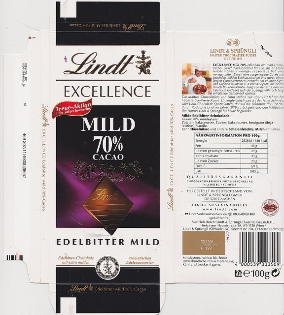 Lindt srednie excellence 1 mild 70cacao edelbitter mild treue Aktion