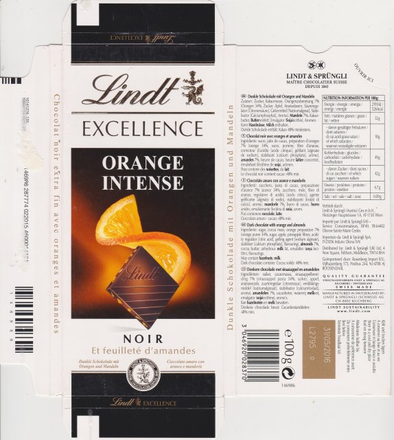 Lindt srednie excellence 1 orange intense noir et feuillete d amandes