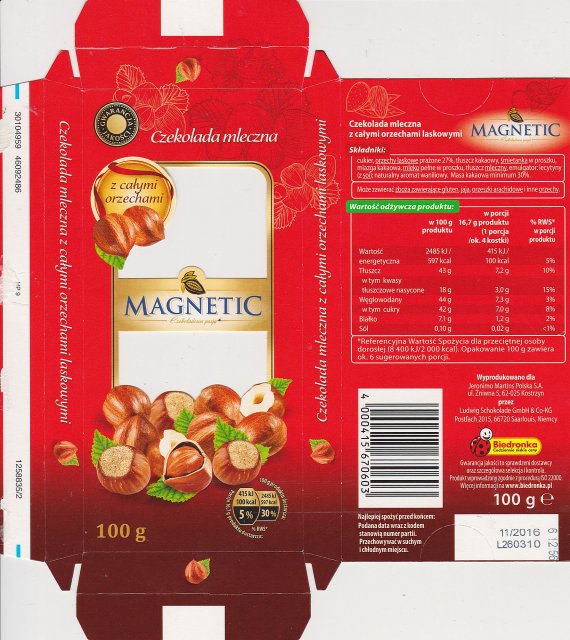 Magnetic Ludwig mleczna z calymi orzechami 100kcal