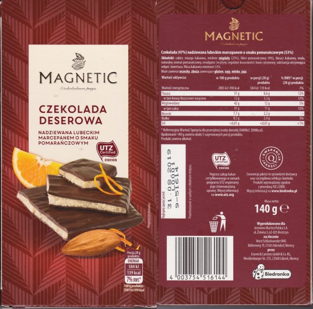Magnetic deserowa nadziewana lubeckim marcepanem o smaku pomaranczowym utz 139kcal