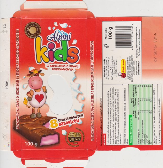 Millano Alpini 8 czekoladowych batonikow z nadzieniem o smaku truskawkowym 68kcal