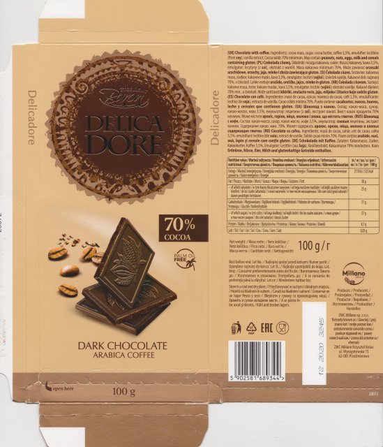 Millano Baron Delica Dore dark chocolate arabica coffee 70 cocoa
