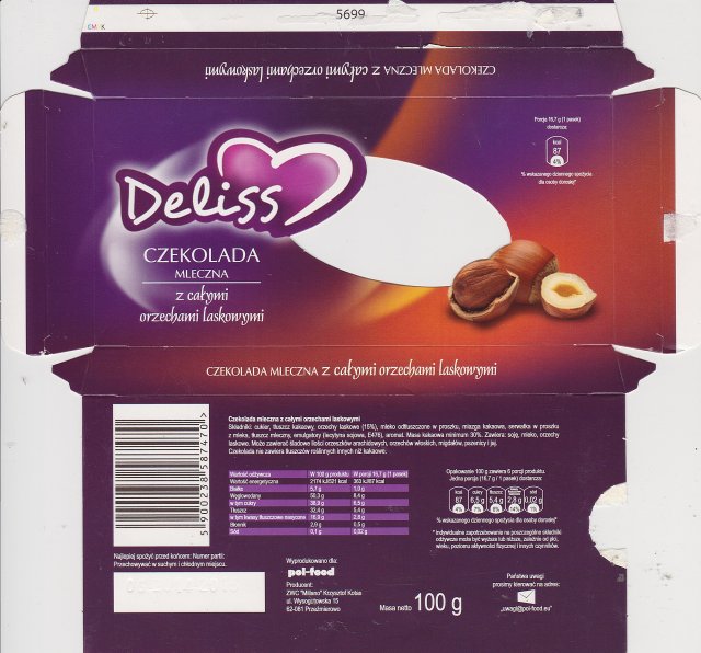 Millano Deliss mleczna z calymi orzechami laskowymi 87kcal