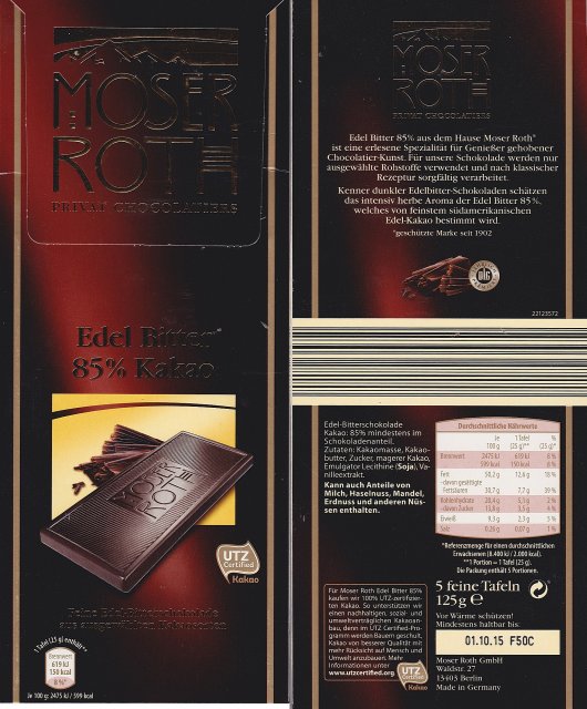 Moser Roth duze pion 3 edel bitter 85 kakao 150kcal UTZ