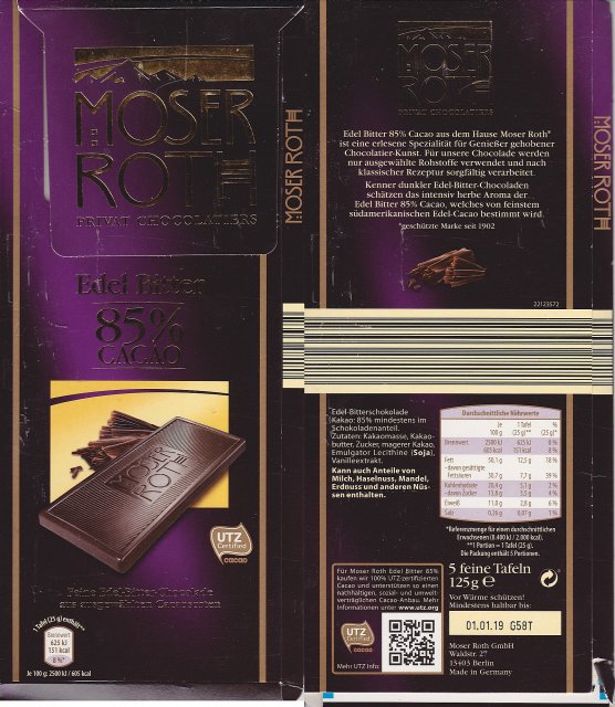 Moser Roth duze pion 4 85 cacao edel bitter 151kcal UTZ