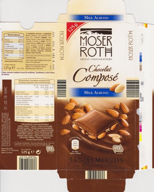 Moser Roth duze pion 8 chocolat compose milk almond 146kcal UTZ