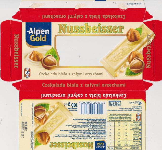 Nussbeisser male Alpen Gold oble czekolada biala z calymi orzechami 142kcal