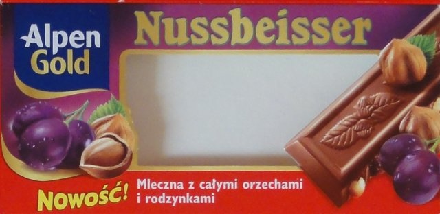 Nussbeisser male Alpen Gold oble czekolada mleczna z calymi orzechami i rodzynkami nowosc_cr