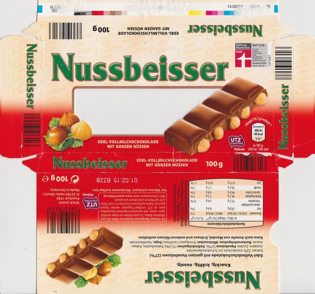 Nussbeisser male edel vollmilchschokolade mit ganzen nussen 98kcal UTZ test