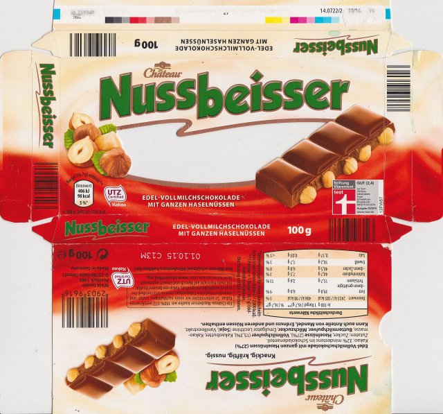 Nussbeisser male edel vollmilchschokolade mit ganzen nussen chateau 98kcal UTZ test