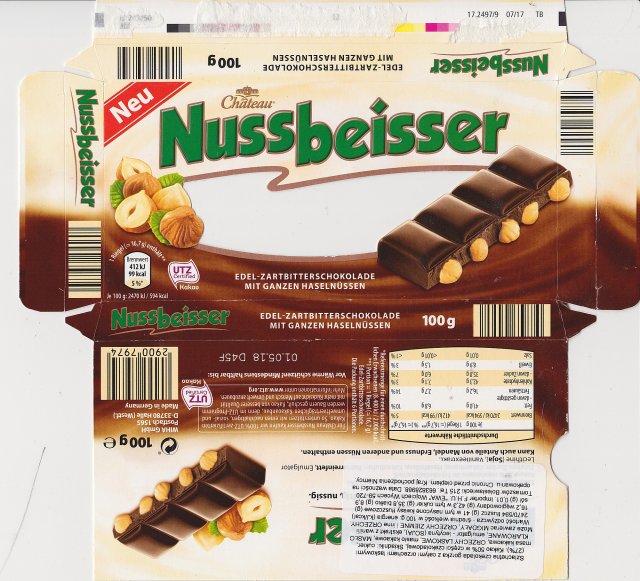 Nussbeisser male edel zartbitterschschokolade mit ganzen nussen chateau 99kcal UTZ neu