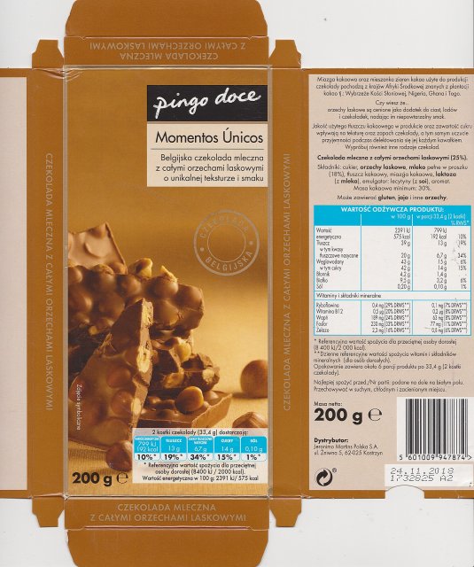 Pingo doce 1 momentos unicos mleczna z calymi orzechami laskowymi