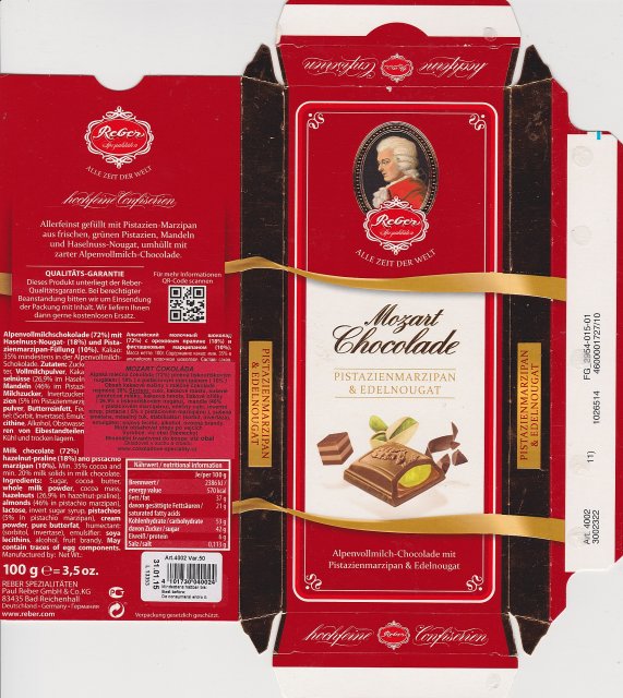 Reber Mozart Chocolade pistazienmarzipan edelnougat