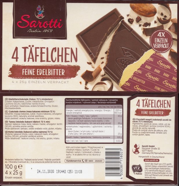 Sarotti 4 Tafelchen feine edelbitter