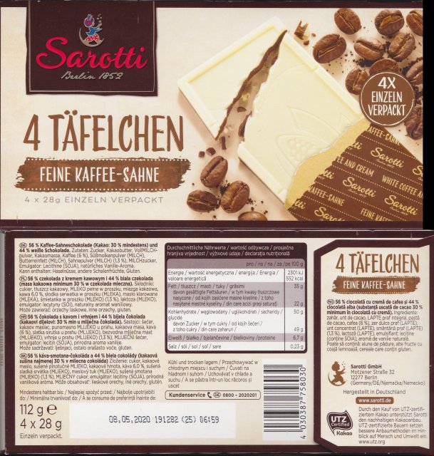 Sarotti 4 Tafelchen feine kaffee sahne