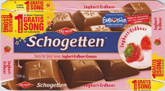 Schogetten Trumpf male 26 Joghurt-Erdbeer 1 gratis song Eurovision