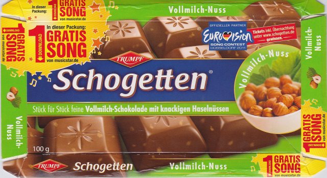 Schogetten Trumpf male 26 Vollmilch-Nuss 1 gratis song Eurovision