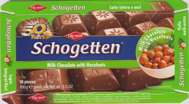 Schogetten Trumpf male 27 Milk Chocolate with Hazelnuts 50 years