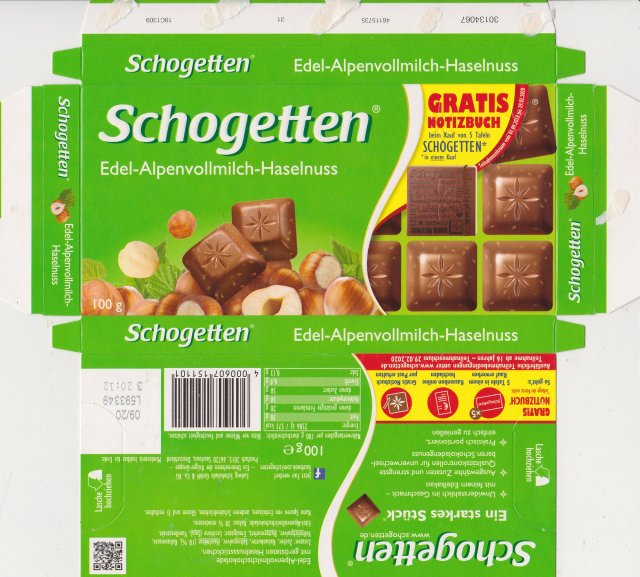 Schogetten Trumpf male 31 Edel Alpenvollmilch Haselnuss gratis notizbuch