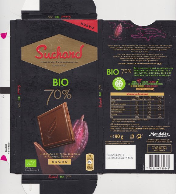 Suchard 1 BIO 70% negro 104kcal