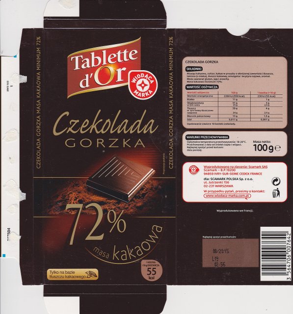 Tablette dOr Wiodaca marka gorzka 72 55kcal