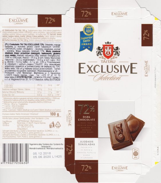 Taitau exclusive selection 72 dark superior taste award