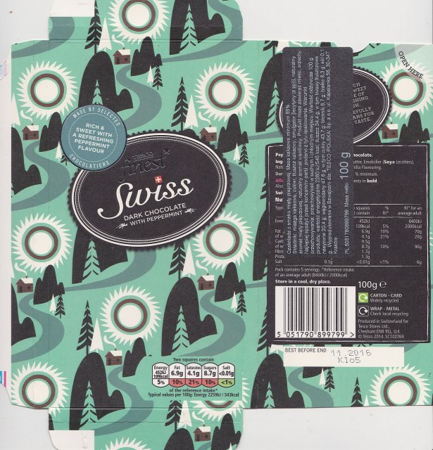 Tesco 3 finest Swiss dark chocolate with peppermint 109kcal