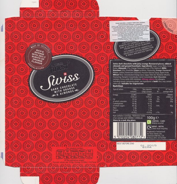 Tesco 3 finest Swiss dark with orange almonds