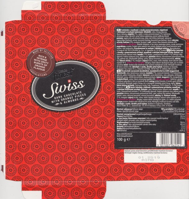Tesco 3 finest Swiss dark with orange pieces almonds