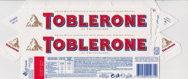 Toblerone white chocolate with honey and almond nougat 134kcal 100g