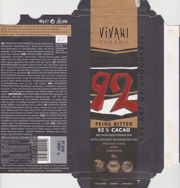 Vivani tAoC panama feine bitter 92 with coconut vegan bio noir