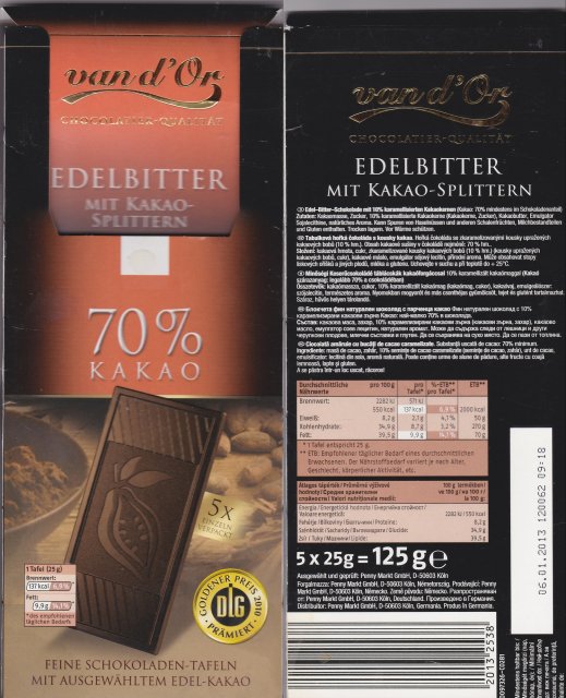 van dOr srednie pion 3 edelbitter mit kakao splittern 70 kakao DLG 137kcal