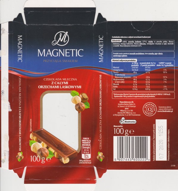 Millano Magnetic przyciaga smakiem mleczna z calymi orzechami laskowymi 94kcal