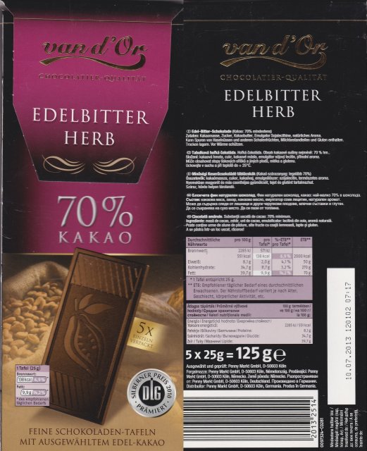 van dOr srednie pion 3 edelbitter herb 70 kakao 138kcal